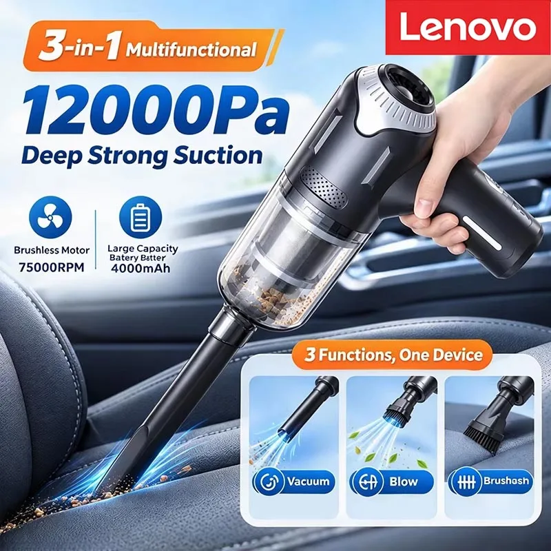 Lenovo Handheld Car Vacuum Cleaner Wireless Brushless High Suction 2 Adjustable Blowing & Suction Modes For Both Home & Car Use