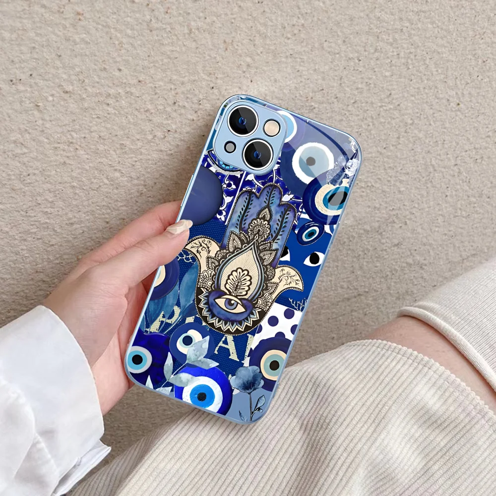 Funny Turkish Lucky Blue Evil Eye  Phone Case Tempered Glass For iphone 14 13 12 11 Pro Mini XS MAX 14Plus X XS XR Cover