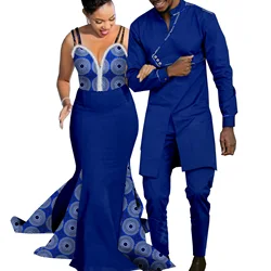 African Couples Women Print Wax Cotton Fashion Patchwork Hot Dress& Men 2 Pieces Shirt and Pants Sets