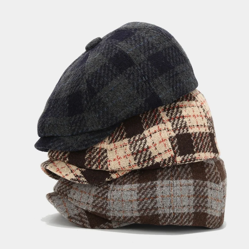 European American Retro Workwear Octagonal Hat Men Plaid Casual Newsboy Cap Women Autumn Winter Artistic Duck Tongue Hat