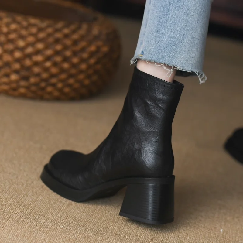 Platform Boots Square Heel Street Style Winter Shoes Woman Square Toe Cowhide Casual Shoes Spring Autumn Chelsea Boots Side Zip