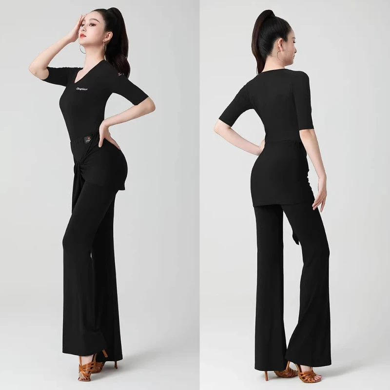 

New High Waist Bell Bottom Yoga Pants for Women with Sashes National Dance Latin Dance Long Pants Ethnic Style Teacher Pants