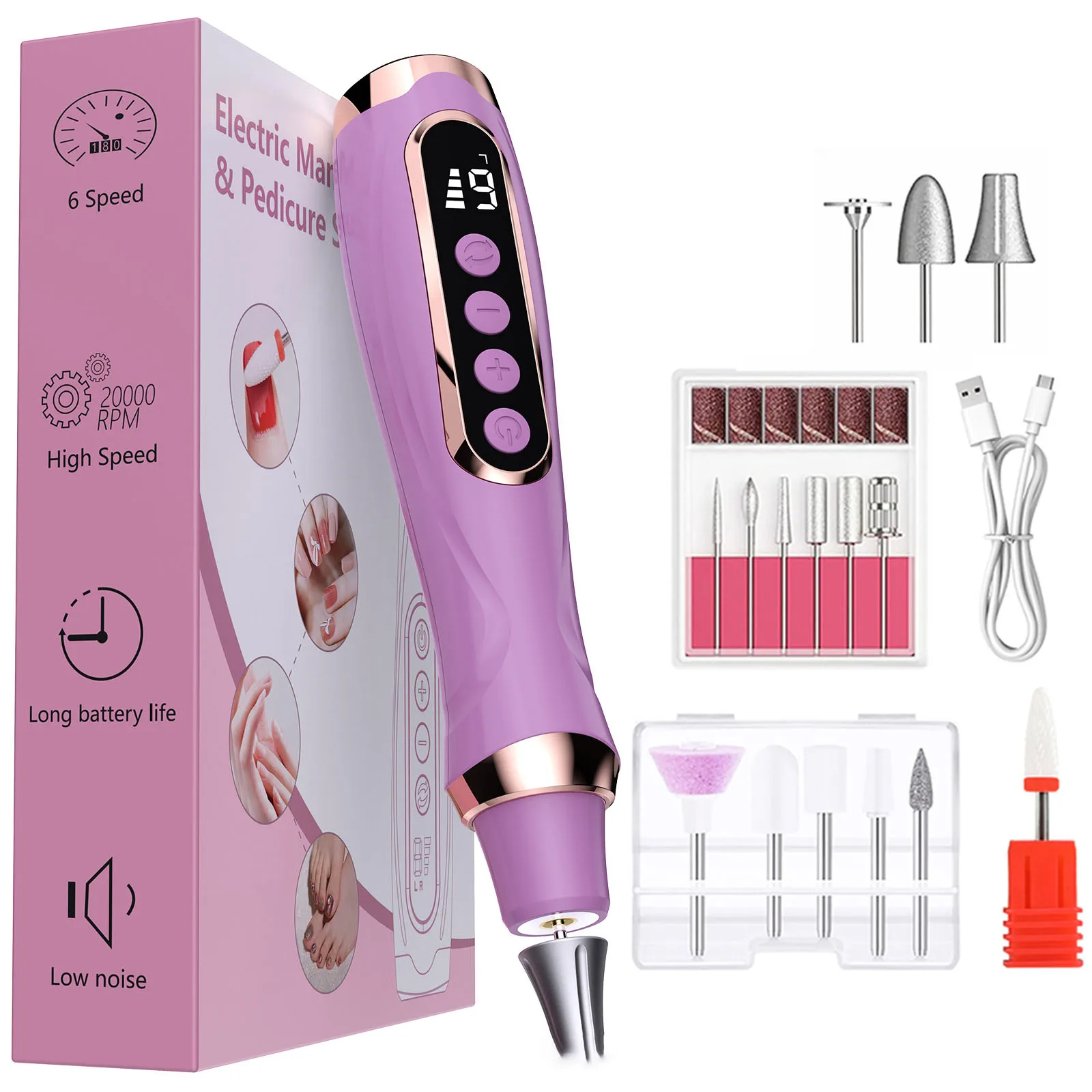 Electric For Nail File Grinder 6 Speeds 20000 RPM Rechargeable Battery for Professional For Gel For Acrylic Manicure