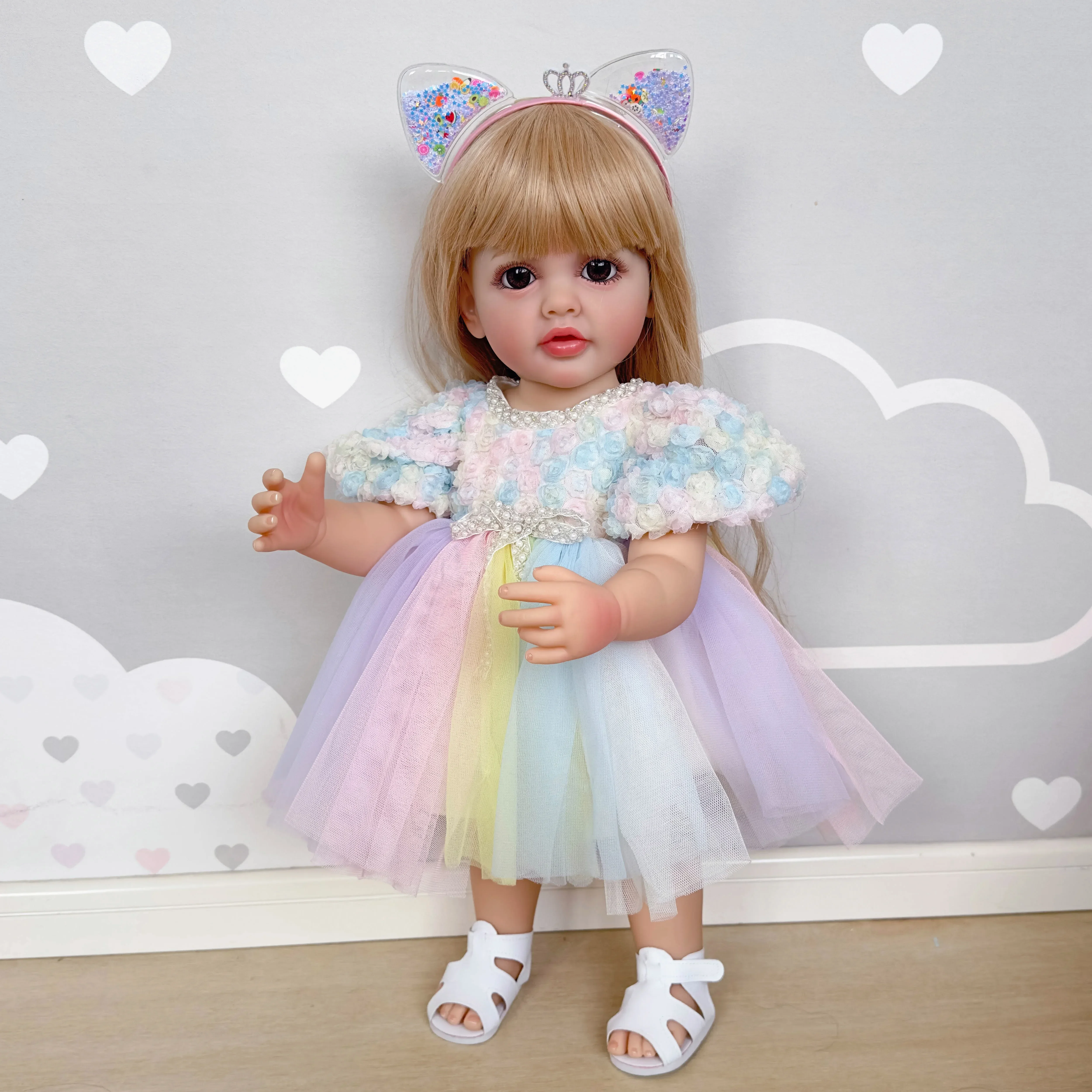 22inch Betty Newborn Full body Silicone Vinyl Reborn Lifelike Toddler Stand Girl Doll Princess with Long Blond wig Hair