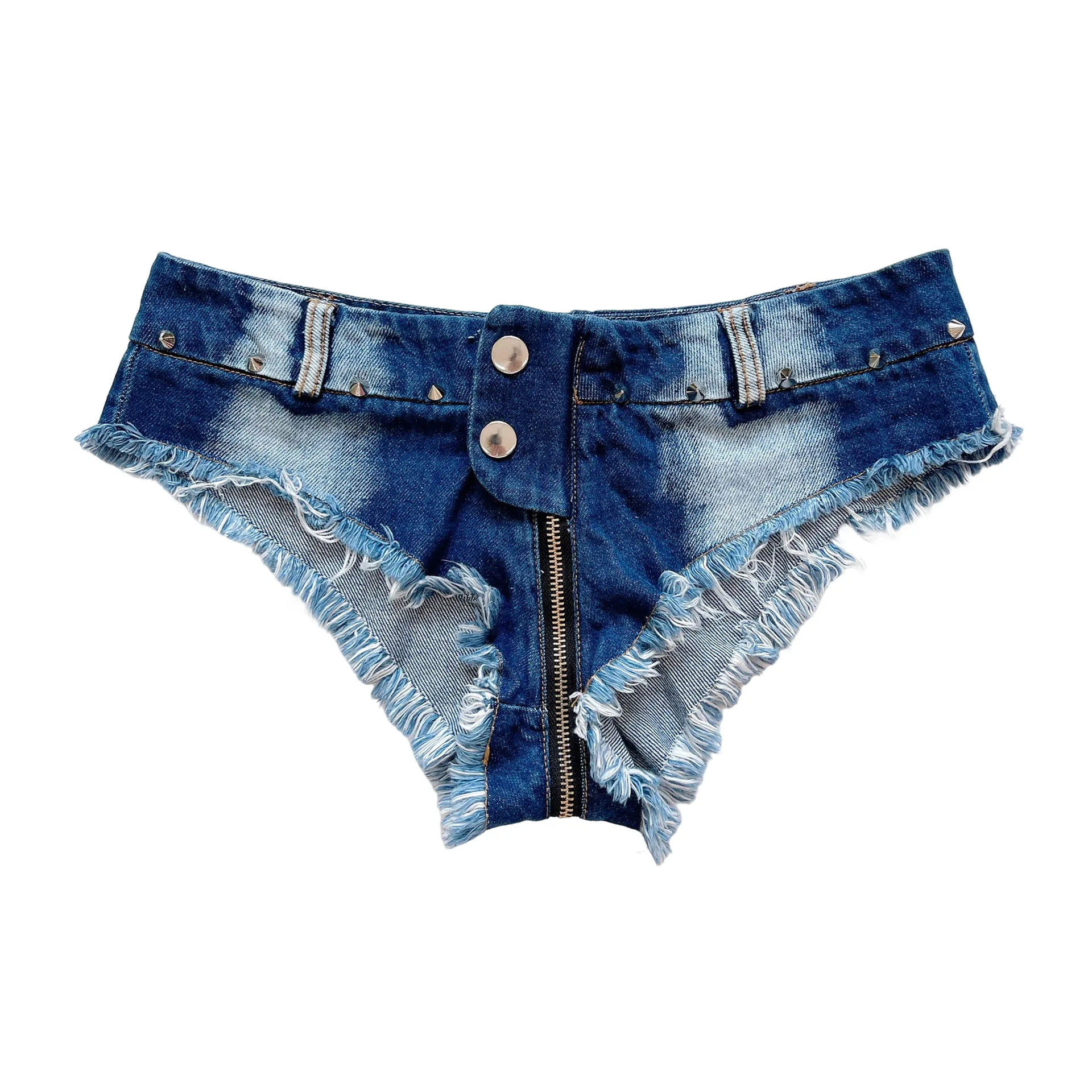 Mini pantaloncini di jeans sexy da donna Jeans con apertura sul cavallo Glutei con cerniera Micro pantaloni ultra corti Slip Nightclub Bar Dance Hot Girls