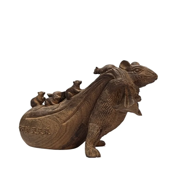 Hand-Carved Wood Zodiac Rat Statue - 3.9