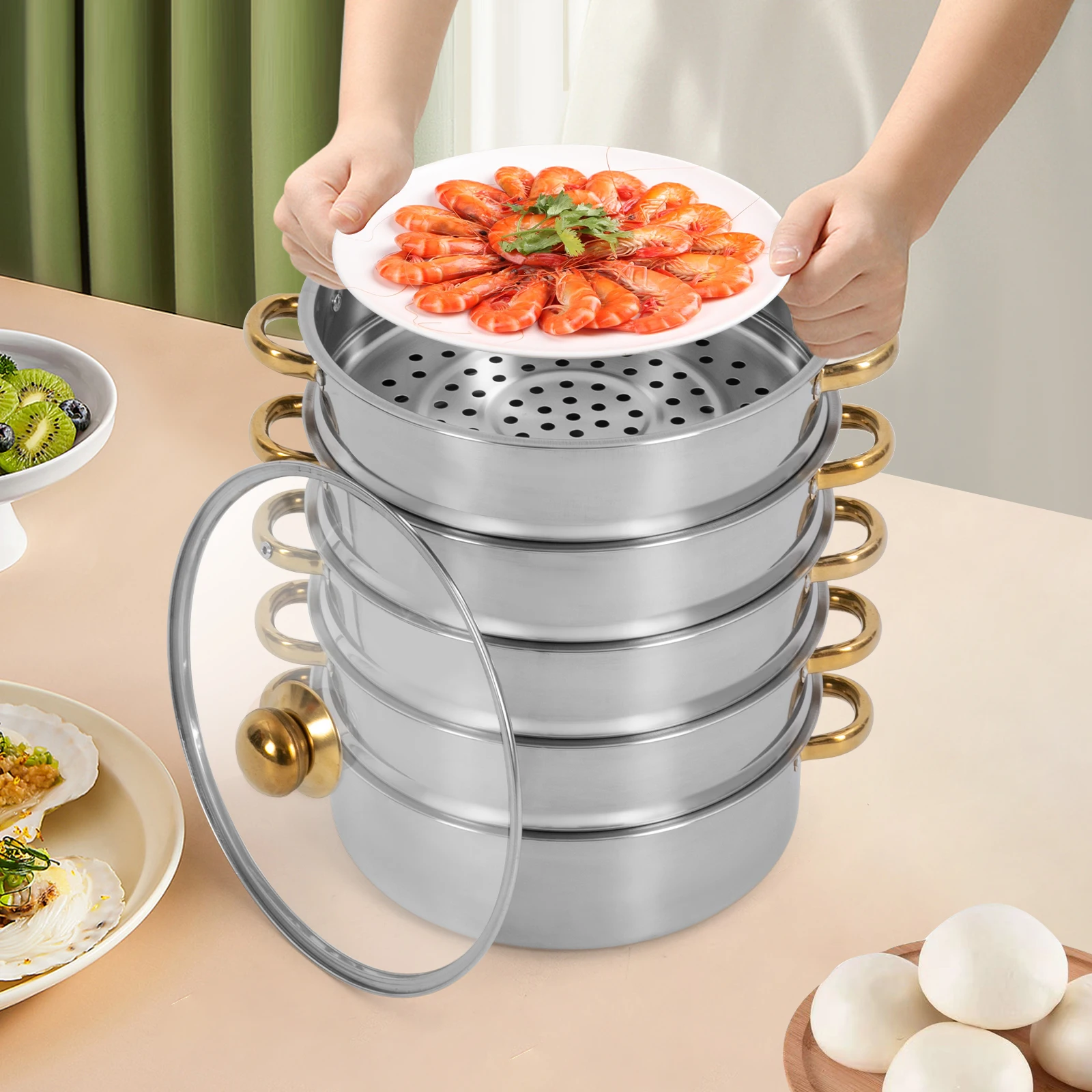 

5-Tier Stainless Steel Steamer Cooking Pot Set Steam Cookware for Gas Induction Hob, Stackable Multi-Layer Steamer, 7L/9L/5L