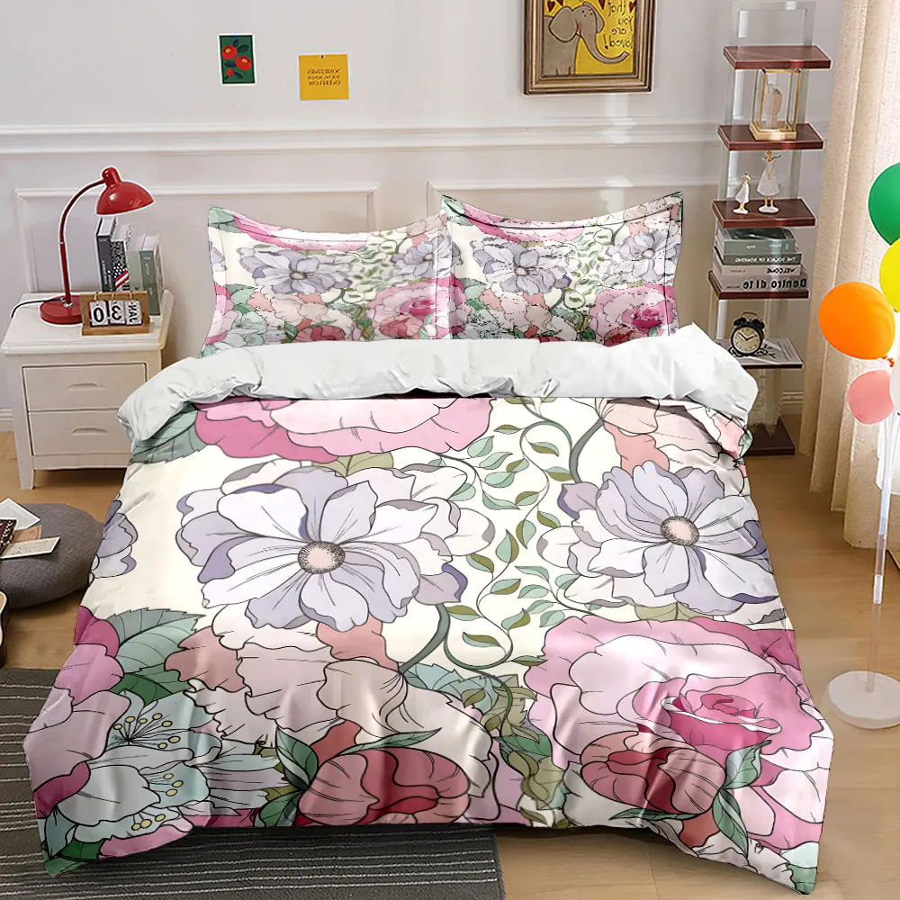 Exquisite Hand-Drawn Floral Illustration Printed Duvet Cover Set1 Duvet Cover+2 PillowcaseMulti Size Bedroom Bedding Decor