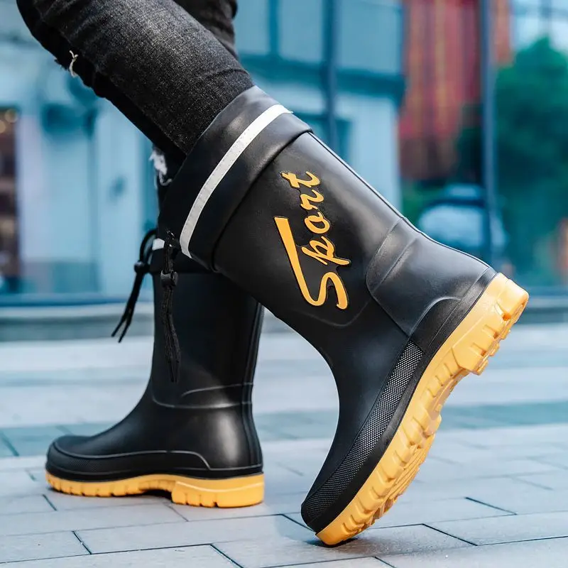 

Цвет сращивания, байкерская мужская обувь до середины икры большого размера, подростковая обувь для рыбалки без шнуровки, новые непромокаемые сапоги на низком каблуке для мужчин