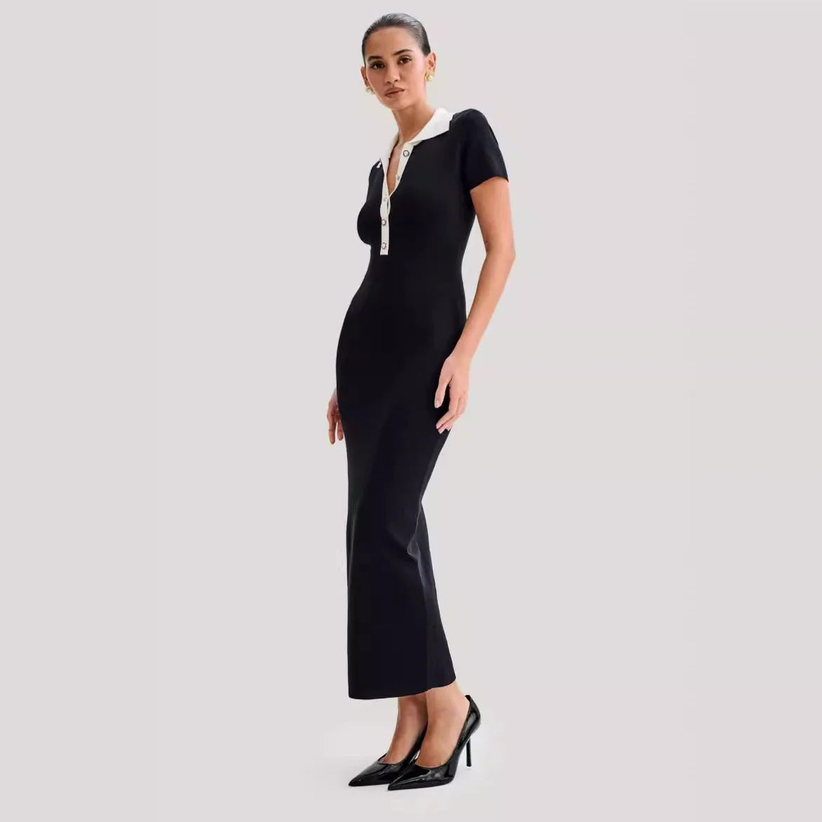 DSMTRC Women Work Button Dress Elegant Luxury Short-sleeve Long Dresses Solid Color Turn-down Summer Clubwear Party Vestido