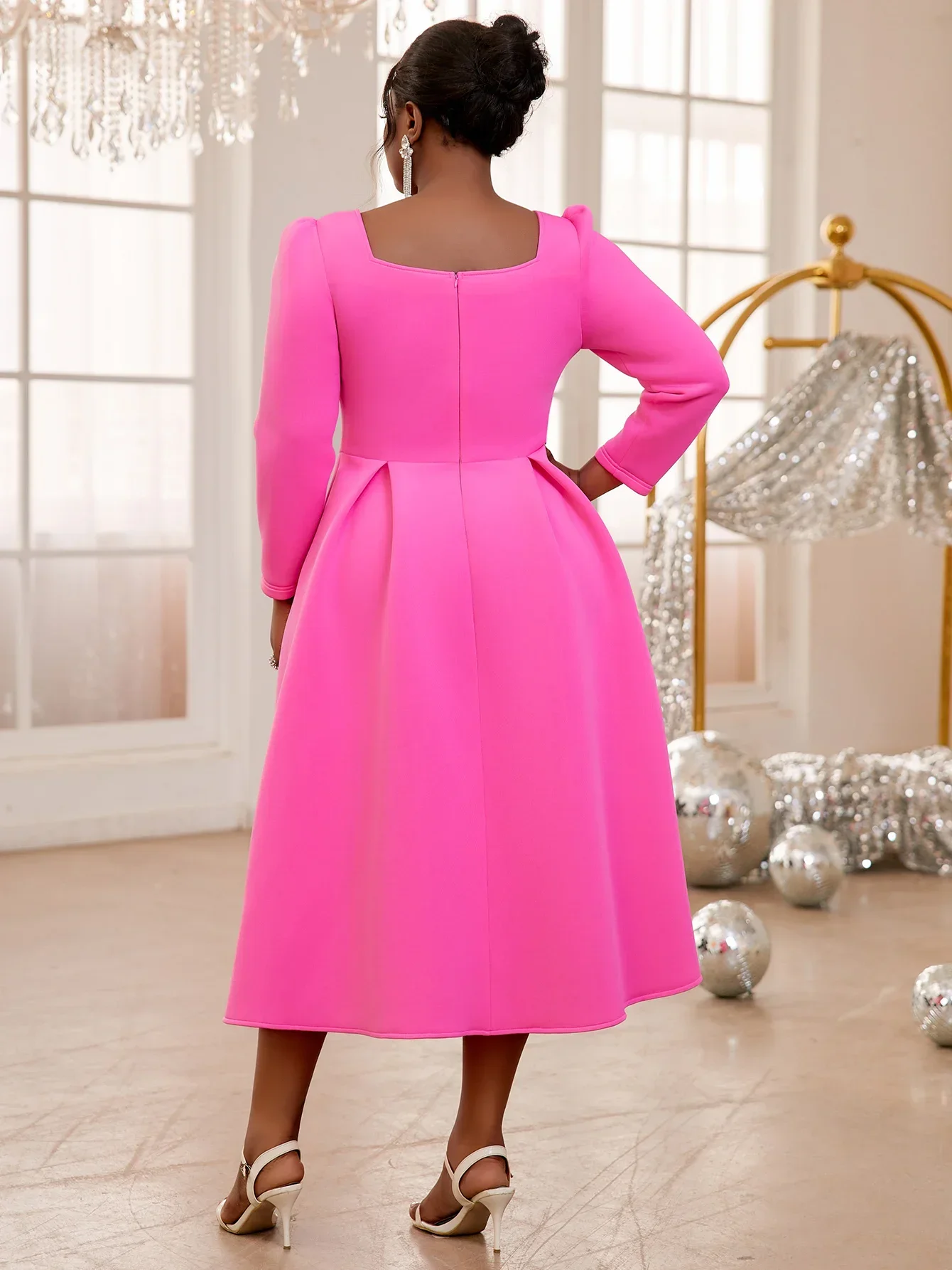 Aomei Women Fuchsia Christams Party Dress Square Collar Bow Long Sleeve Elegant A-Line Gowns Formal Celebrate Evening Event Robe