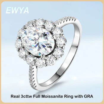 EWYA Luxury 3cttw Full D Color Moissanite Rings Oval Cut Diamond Wedding Band for Women 925 Silver GRA Certified Engagement Ring