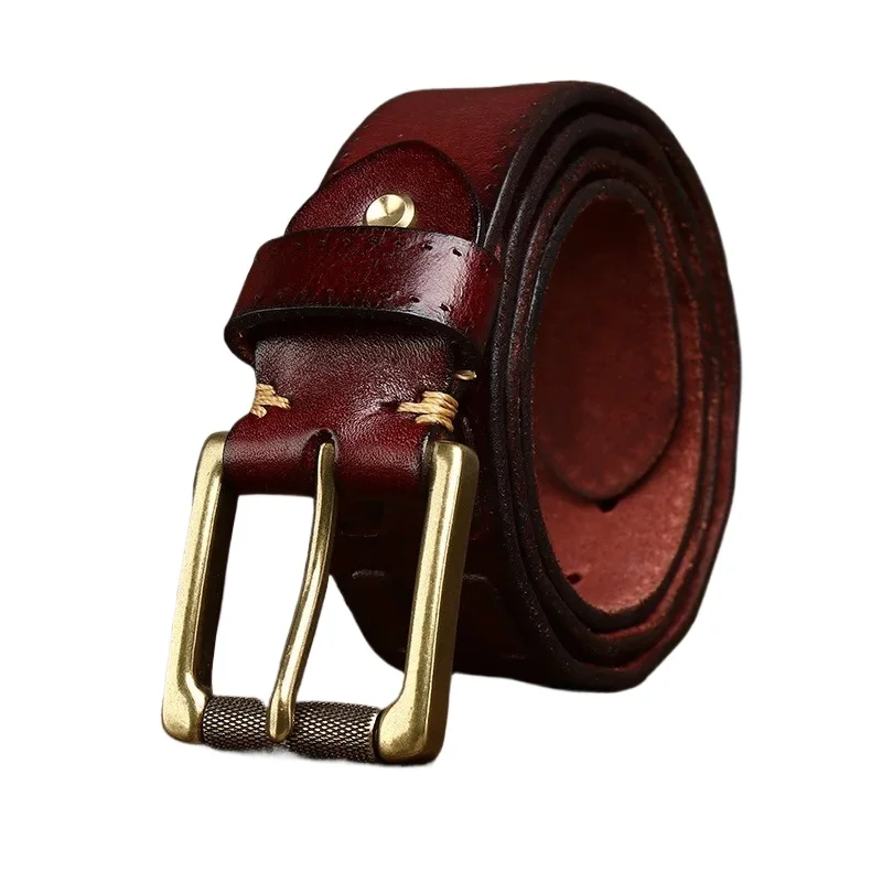 3.8CM Vintage Luxury Handmade Genuine Leather Copper Buckle Man's Belt Cowhide Retro Weave Casual Jeans Soft Belts For Man