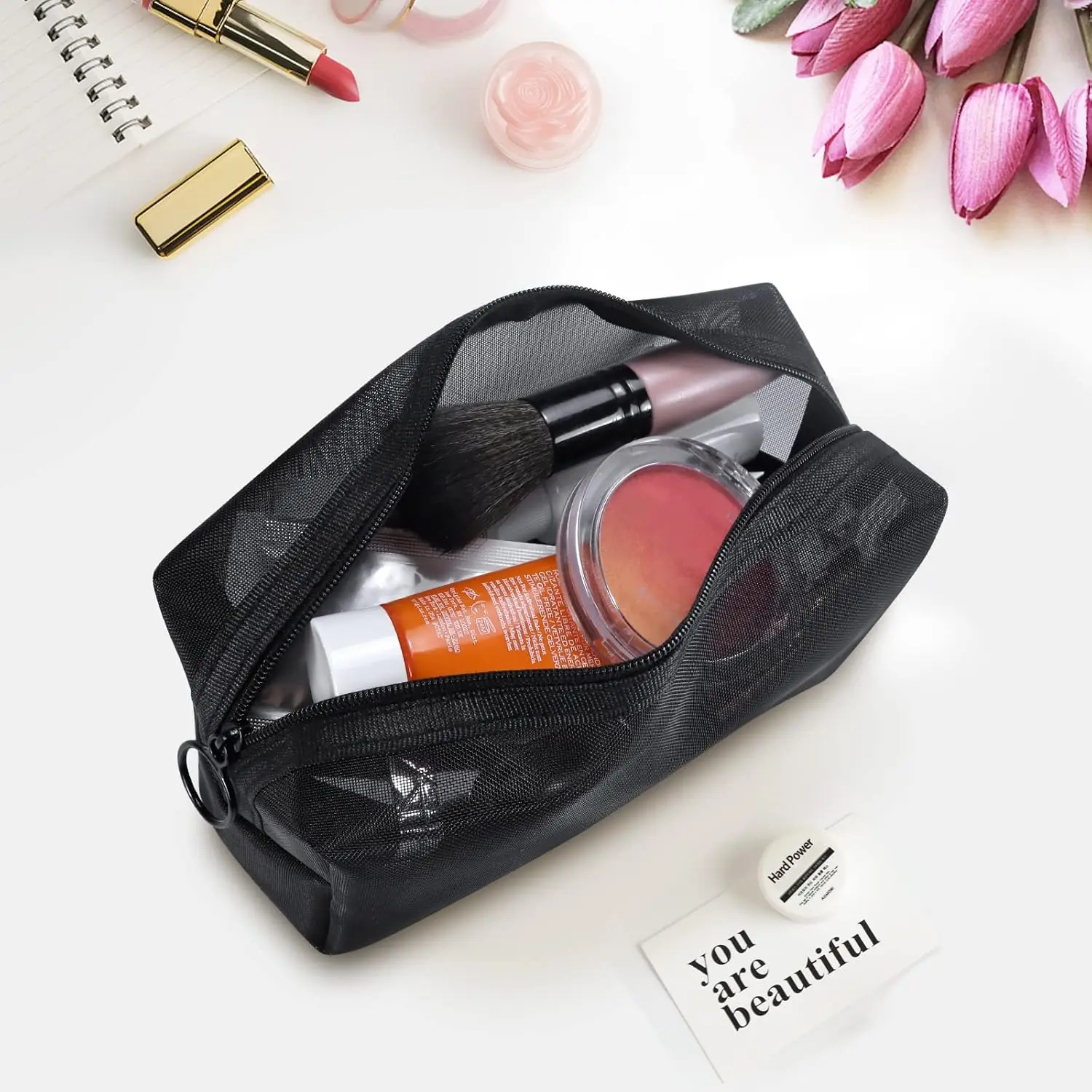 Mesh Cosmetic Bag Set - Travel/On-The-Go Makeup Storage, Zipper Closure Small Pouch