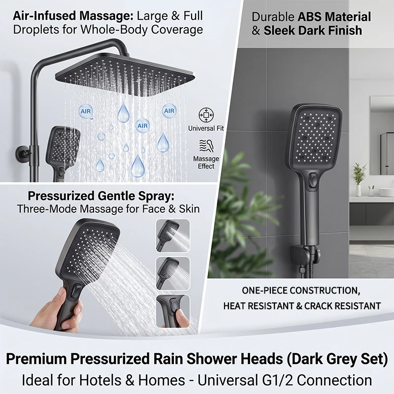 Air Boost High Pressure Large Overhead Rain Shower Head, Supercharge Rainfall, 360° Swivel, Water Saving, Universal Fit