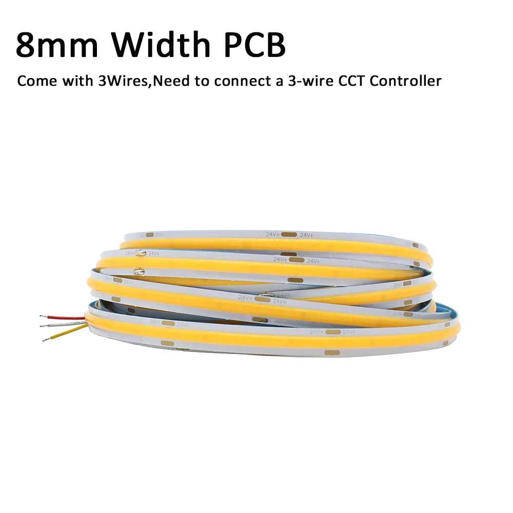 Tira de Luz LED COB CCT de 12V 24V CC, 5mm 8mm 10mm, 608 LEDs/m, 2700K a 6500K, Cinta LED Lineal de Doble Color, RA90, Regulable