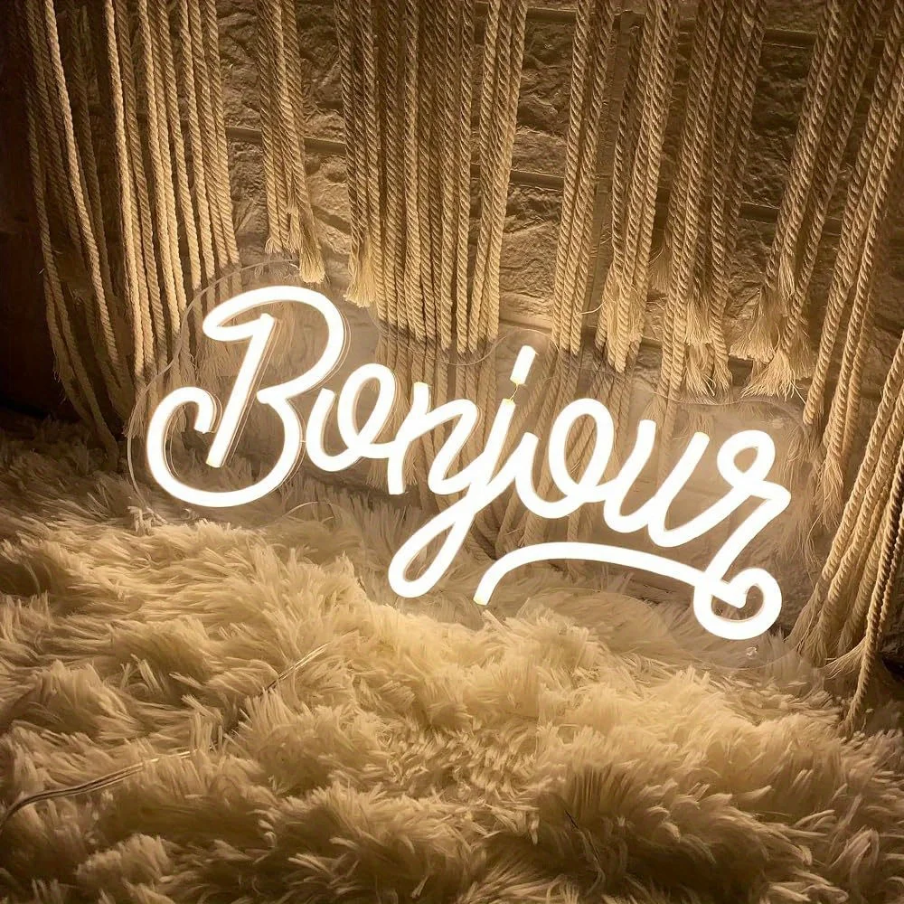 Bonjour LED Neon - Transparent Acrylic Design, USB Powered Dimmable LED Neon, Suitable for Cafes, Parties, Bar Wall Art