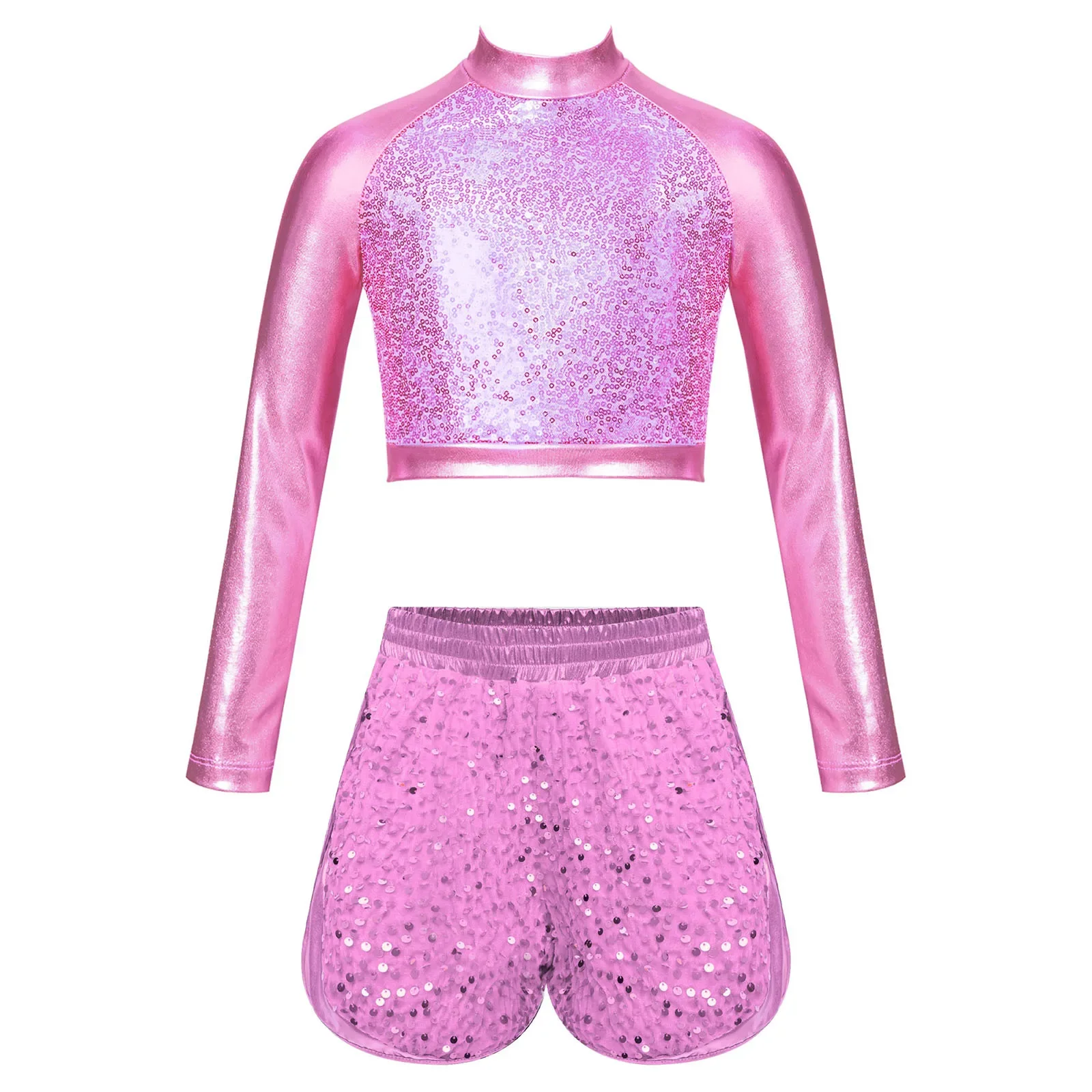 

Jazz Dance Outfit Girls Long Sleeve Sequin Crop Top Shorts Set Kids Street Dancing Party Prom Stage Performance Workout Costume