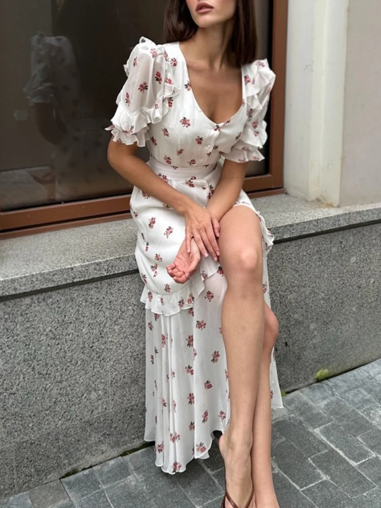 

FDYOUI Womens Chic Floral Printed Ruffles Holiday Dress 2026 Summer Single Breasted High Waist Long Maxi Party Dresses with Belt