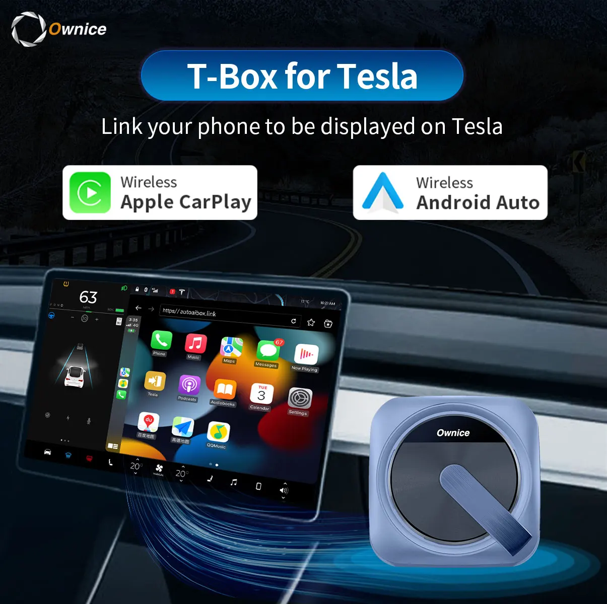 Ownice-caja T1 T3 para Tesla Model 3, accesorios Y S X, adaptador inalámbrico CarPlay, Dongle Android Auto Ai Box para Spotify Waze