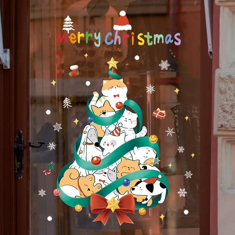 Cartoon Cat Dog Animals Christmas Tree Window Stickers for Kids Room Christmas Decoration New Year Static Window Sticker 2025