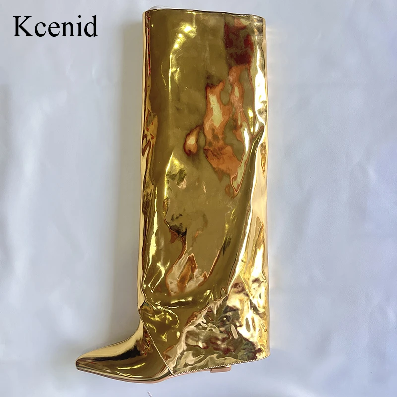 

Kcenid Women's Boots Trend 2023 Gold Sexy Pointed Toe Zipper Knee High Boots For Woman Wedge Heels Party Shoes For Women