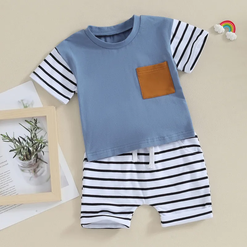 

Newborn Baby Boy Shorts Set Summer Clothes Short Sleeve Crew Neck T-shirt with Striped Shorts Outfit Baby Clothing