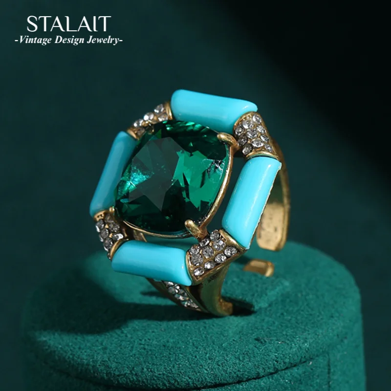 

Antique Jewelry Emerald Green Crystal Vintage Rings Sea Blue Enamel Square Natural Stone Designer for Women Accessories 2025 New
