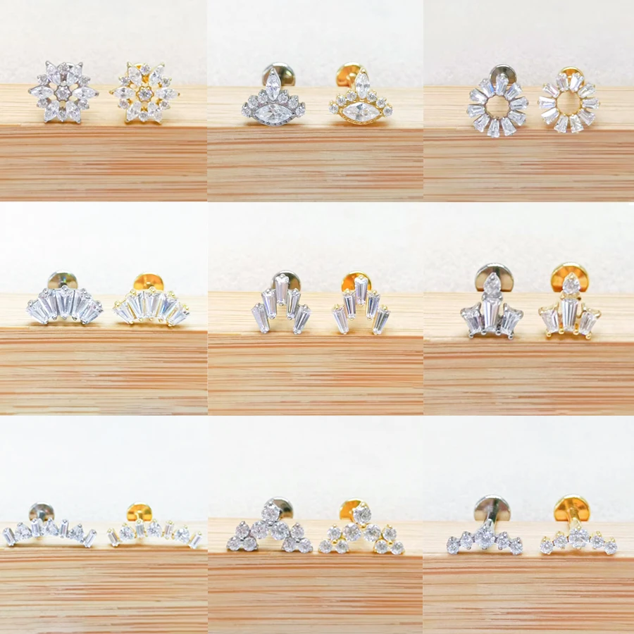 1Pc G23 Titanium EAR PIERC Crown Flower Zircon Paved Top Labret Studs 18G 16GCartilage Flower Pattern Earrings Lip Stud Piercing