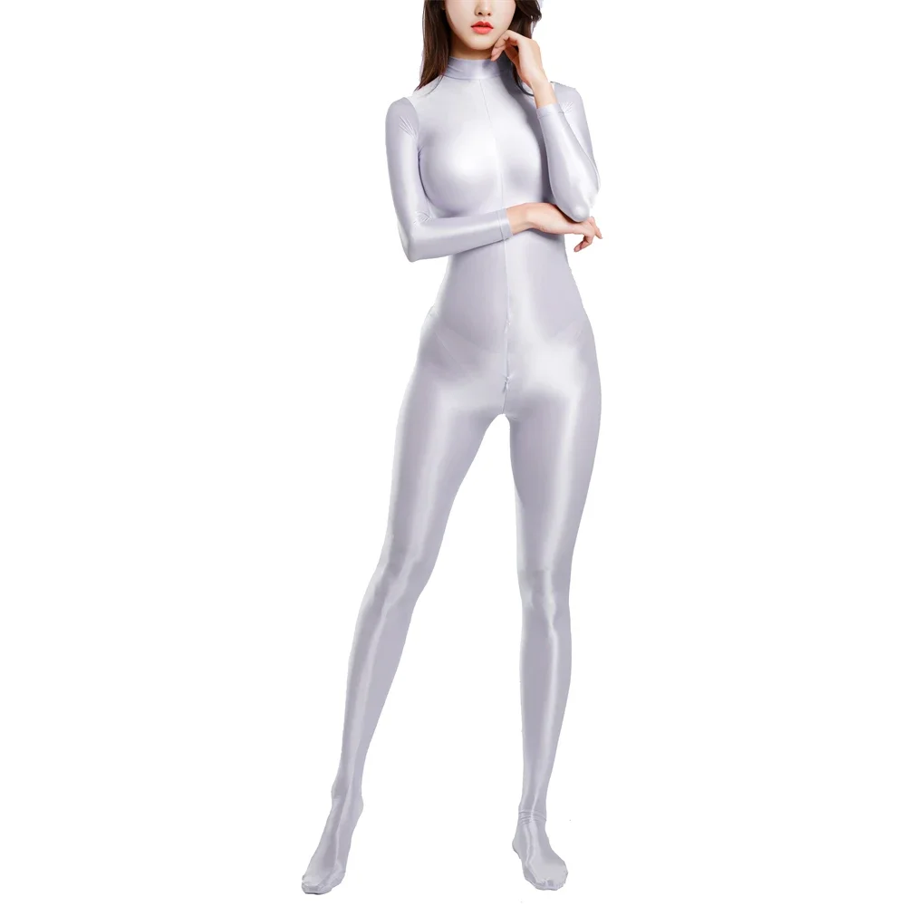 Women's Oil Shiny See Through Zipper Full Body Jumpsuit Solid Color Bodysuits Sexy Smooth Swimsuits Rompers Long Sleeve Catsuits