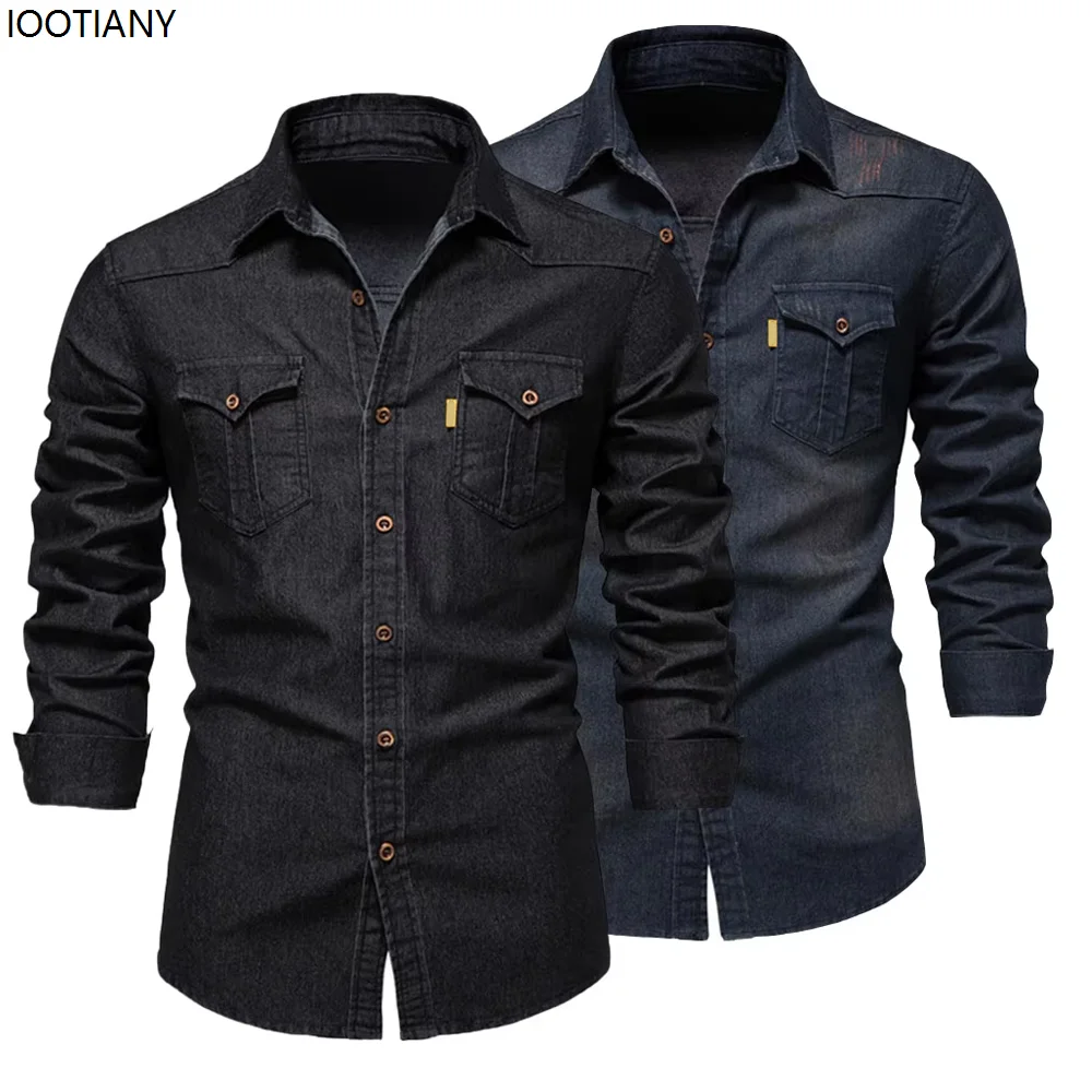 2025 الخريف قميص دينيم الرجال عادية كم طويل عالية الجودة قميص دينيم بلون سليم صالح تمتد الأزرق الداكن الملابس السوداء