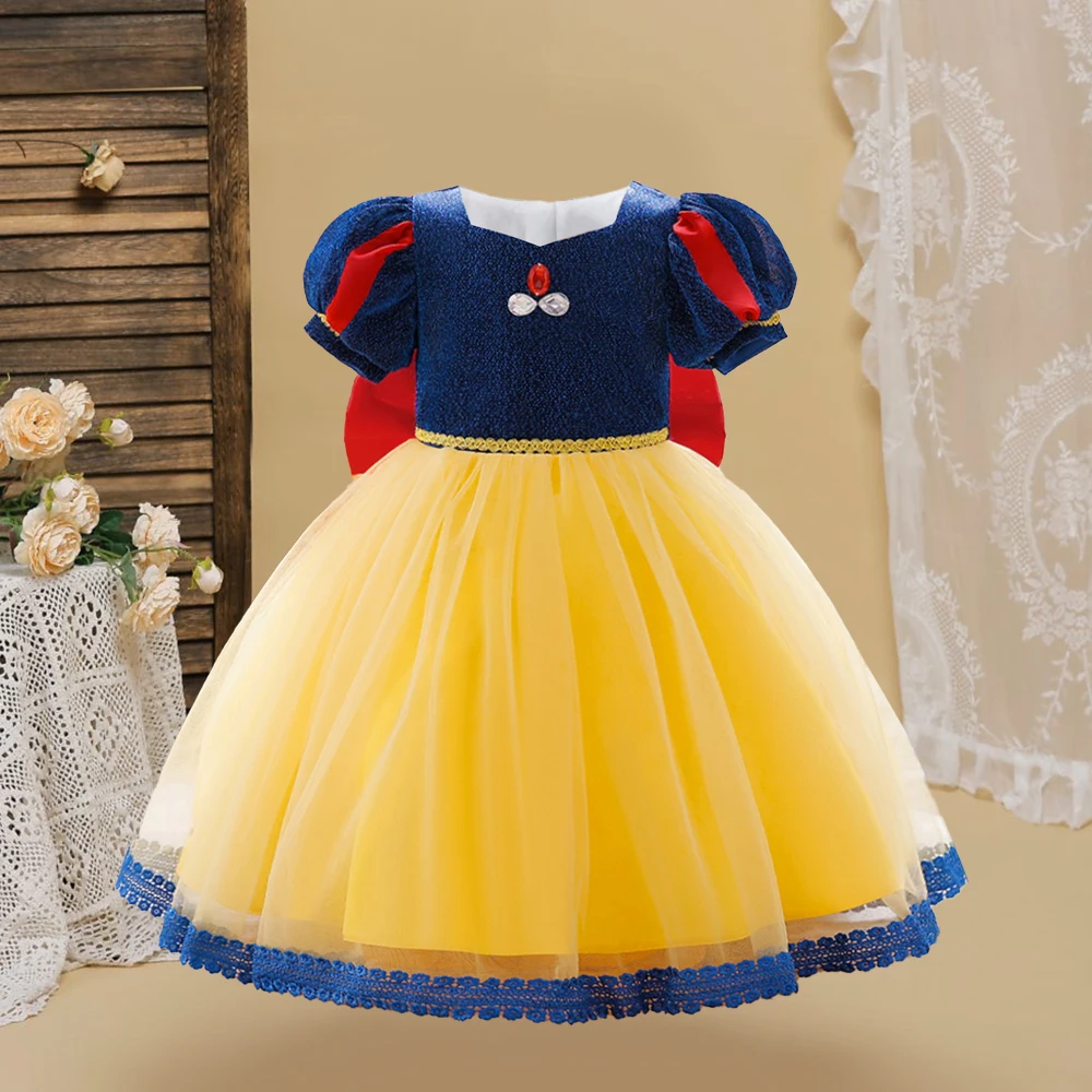 Girl Snow White Princess Dress Baby Girls Cosplay Dresses With Bow Toddler Yellow New Tutu Gown Kids Fashion Evening Costumes