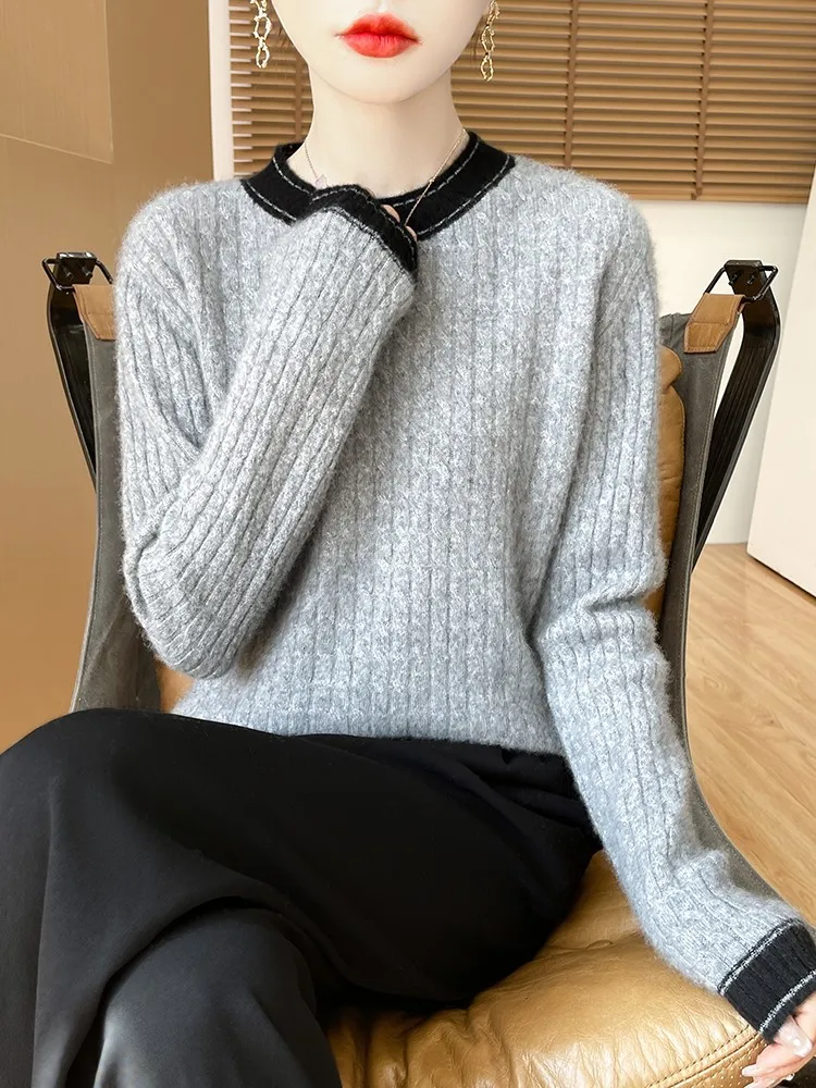

Женский свитер с ребристым воротником-стойкой, пушистый, из 100% мериносовой шерсти, с длинными рукавами, вязаный пуловер, осенне-зимний, повседневный стиль, теплая мягкая одежда