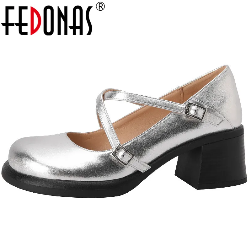 

FEDONAS Women Pumps Spring Summer Round Toe Genuine Leather Thick Heels Retro Cross-Tied Mary Janes Shoes Woman Working Casual