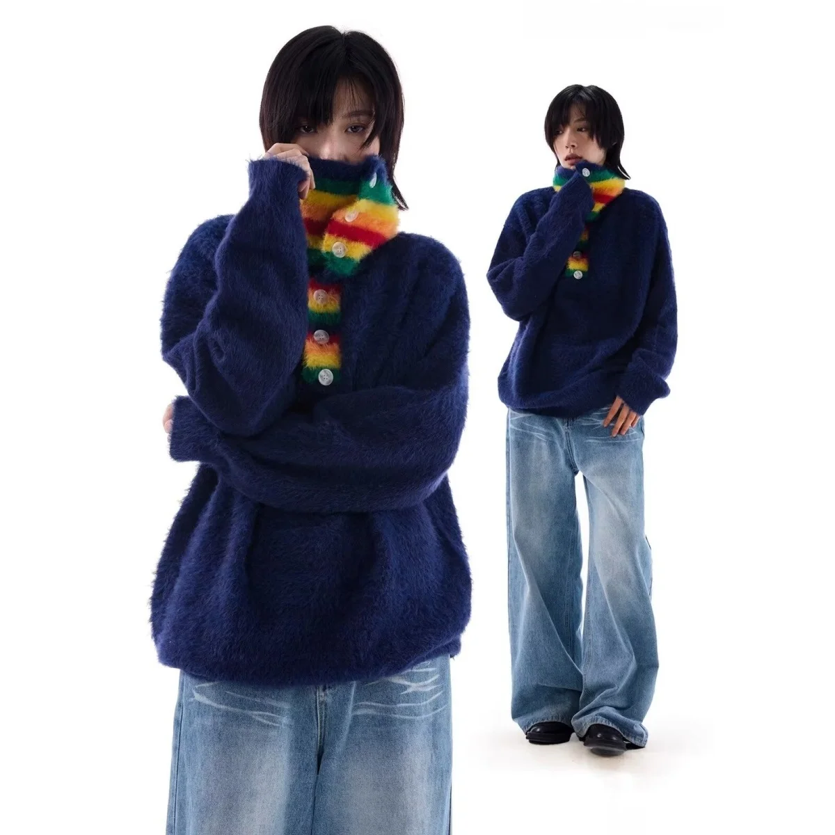 

Радужный свитер с высоким воротником, женский осенне-зимний дизайн, полосатый воротник, топ для пар, цветная блузка Sameuoo Pasture Culture...