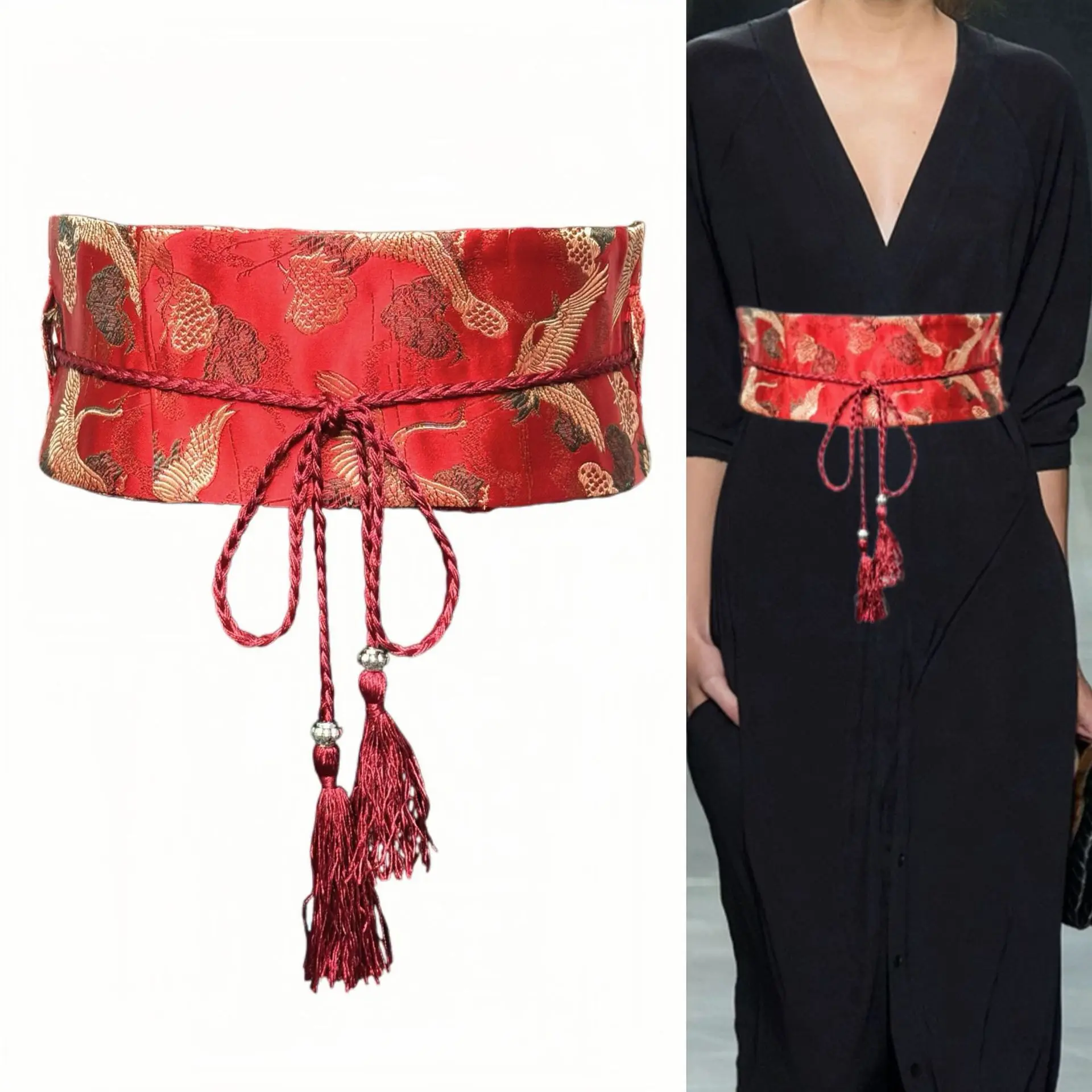 

Новый дизайн, роскошный женский пояс в китайском стиле, широкий пояс-кушак для ханьфу, декоративный пояс для платья, вышитый ремень для талии, красный, черный