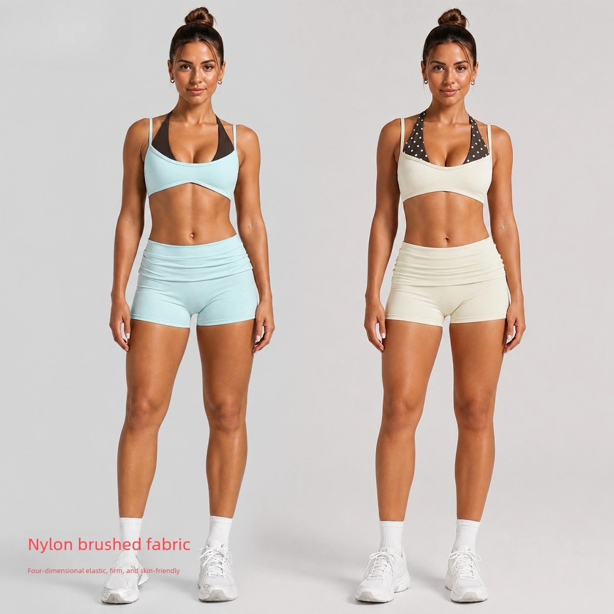 Women 2 PCS Contrast Color Sports Set Halter Polka Dot Sports Bra Fold Over Waist Leggings Shorts Yoga Set Gym Workout Fitness