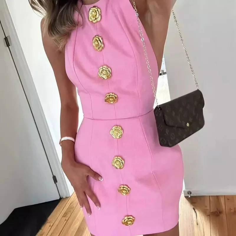 Pink Halter Backless Mini Dress Women Elegant Sleeveless Hollow Out Slim Gold Rose Button Dresses Summer Chic Party Vestidos