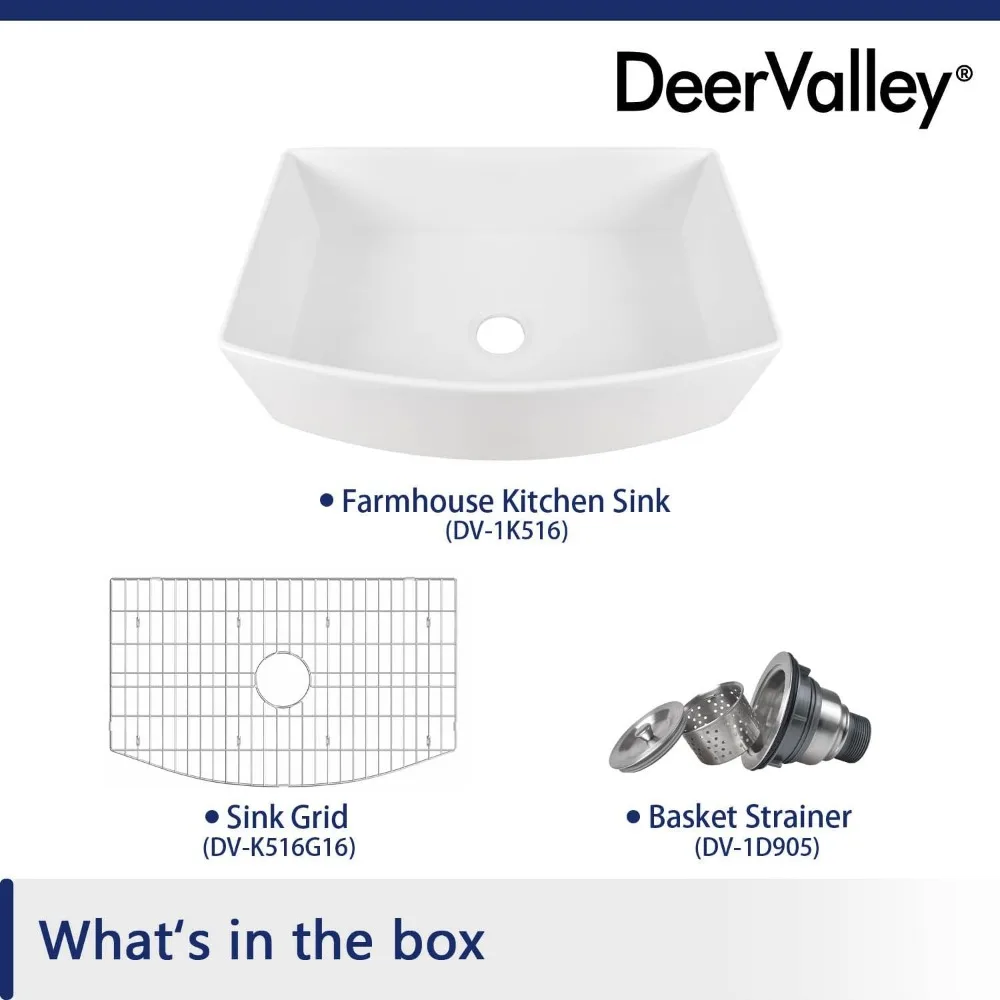 DeerValley Fireclay Single Bowl Kitchen Sink Grove Arch Edge Curved Apron Front Farm Sink White Farmhouse Sink with Bottom