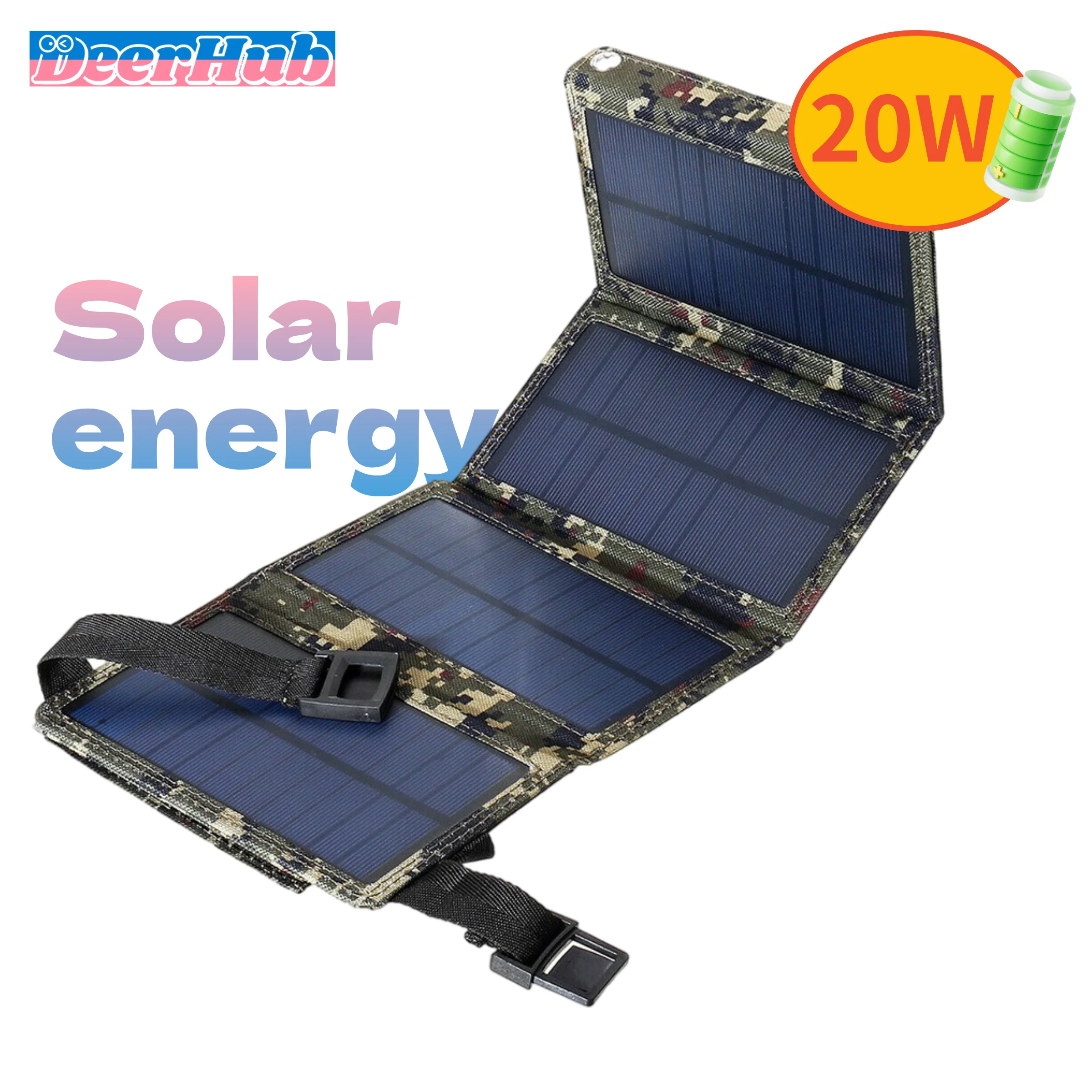 Solar Charger 20W Camouflage Foldable Portable USB Powerbank for iPhone Android Phones Outdoor Camping Hiking Travel by DeerHub