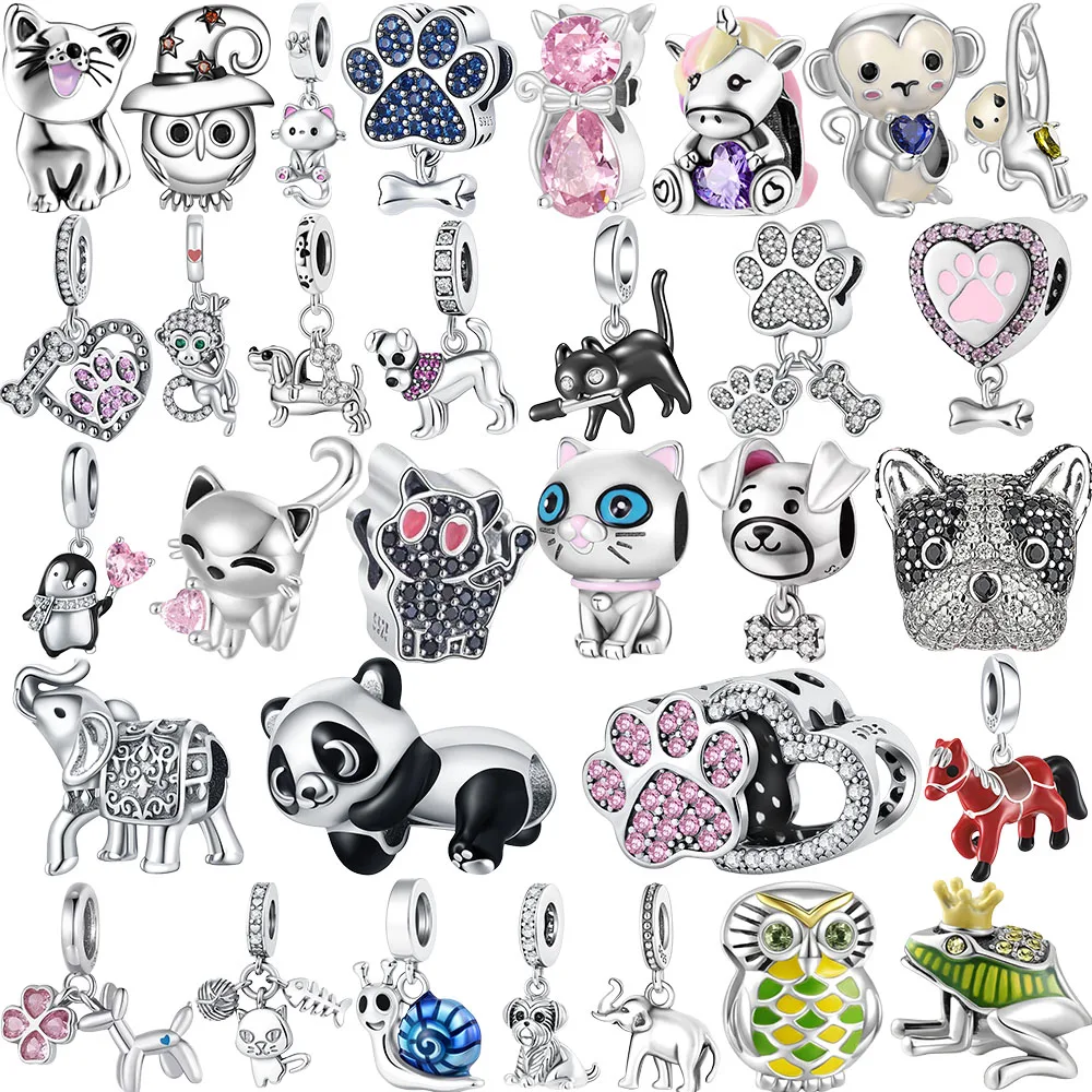 Nuevo colgante de cuentas de plata 925 con diseño de animales, mono, búho, perro, gato, mascota, pulsera, collar, colgante, joyería de moda DIY para mujer