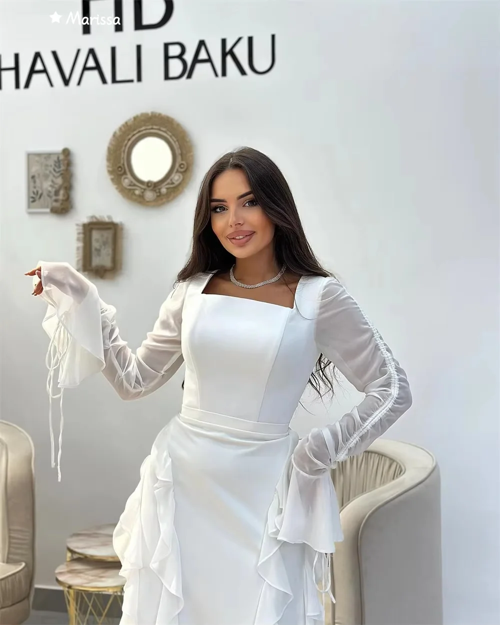 Marissa feito sob encomenda vestidos de noite mulher elegante vestidos de baile 2025 cauda de peixe vestido de casamento decote quadrado mangas compridas festa