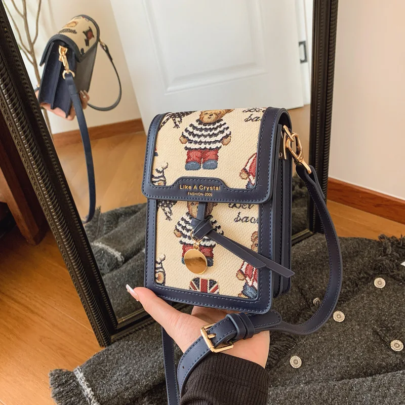 

2023 Новая модная холщовая жаккардовая сумка с медведем - женская маленькая квадратная сумка для мобильного телефона, детский подарок на день рождения