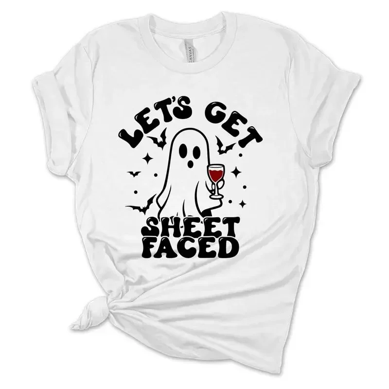 Womens Funny Halloween T Shirt Let's Get Sheet Faced Wine Party Ghost Short
