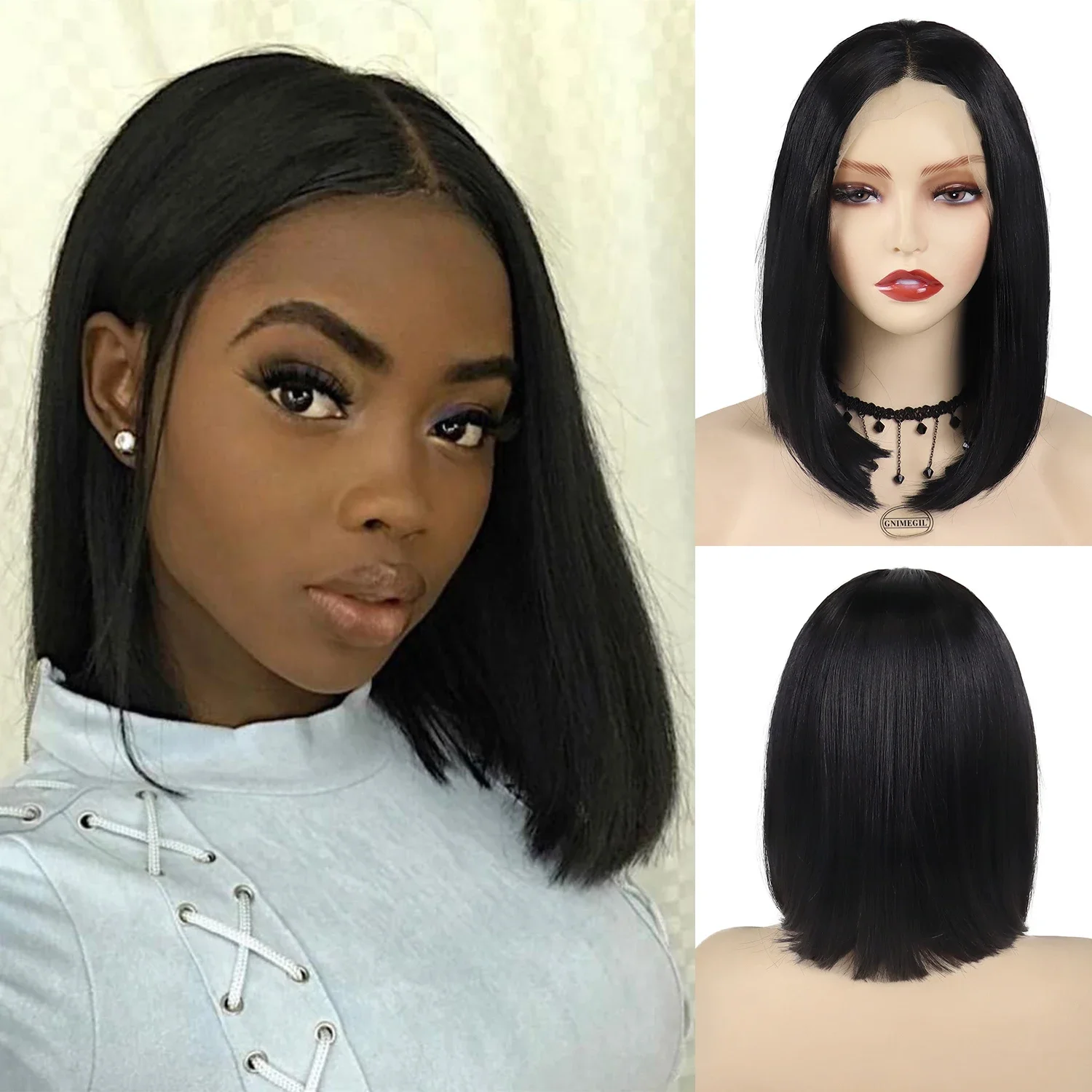 Synthetische Natur-Lace-Front-Perücken für Frauen, kurzes Haar, 35,6 cm, natürlicher Bob-Schnitt, schwarze Damen-Perücke, Frontal-Spitze, gerade Frisur