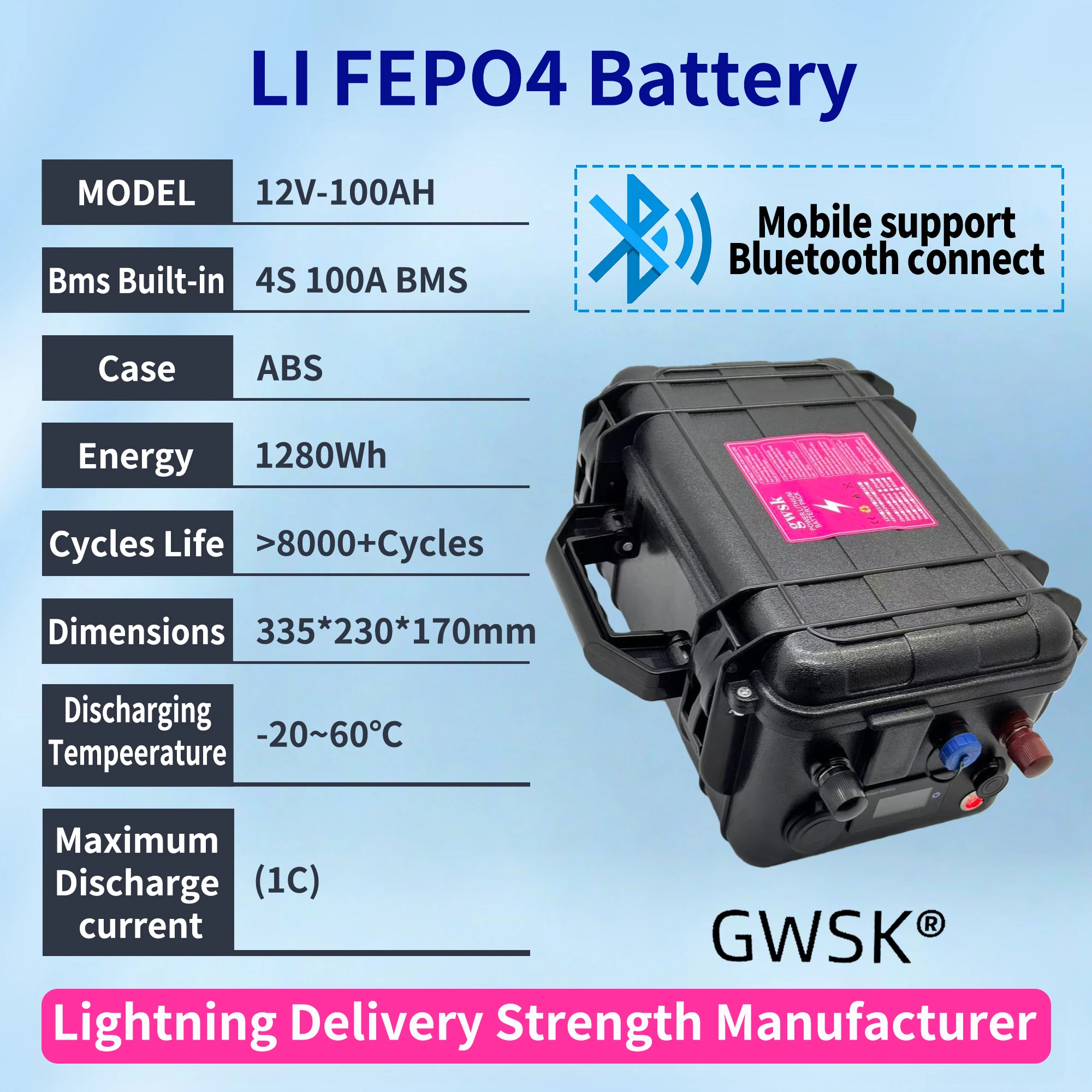 

12V lithium iron phosphate battery with Bluetooth board, can connect to Bluetooth, 100AH built-in BMS100AH, power display