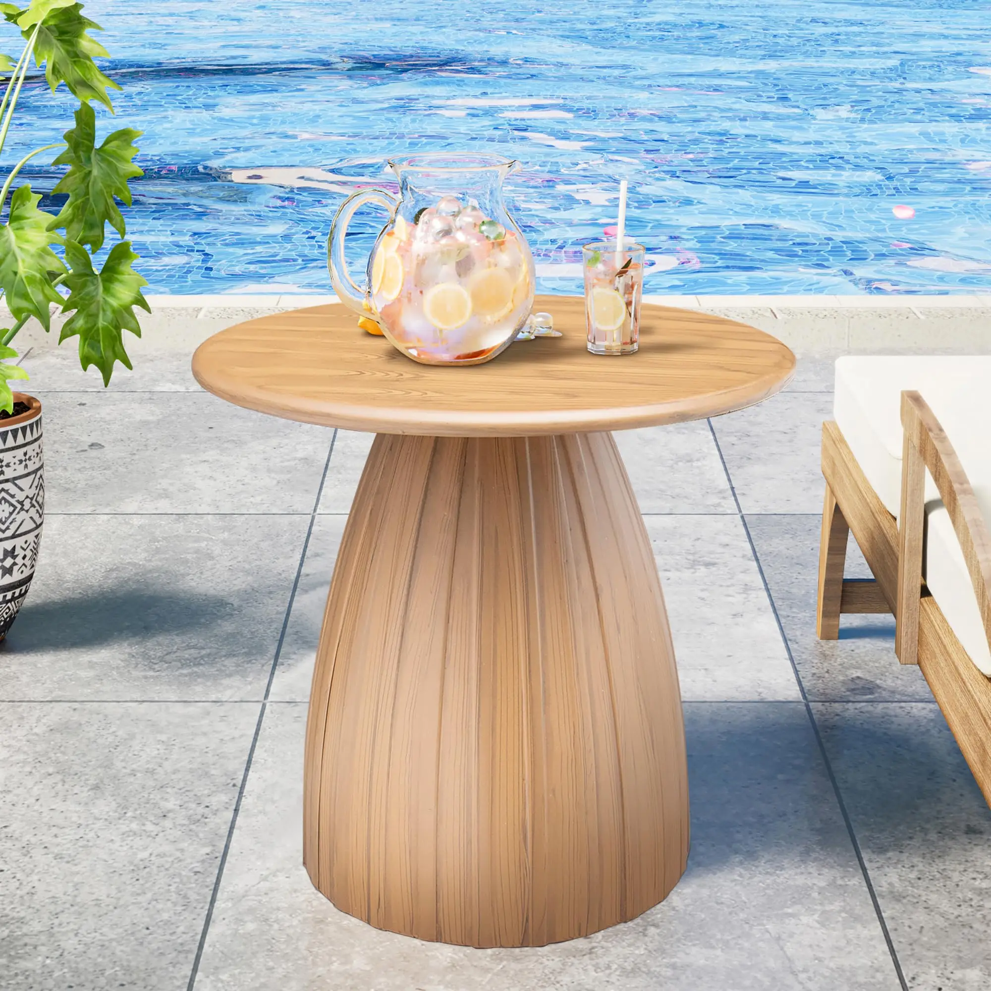 Metal Small Patio Table, Round Outdoor Side Table, Wood Color Outdoor Accent Patio End Table, for Garden, Pool, Yard