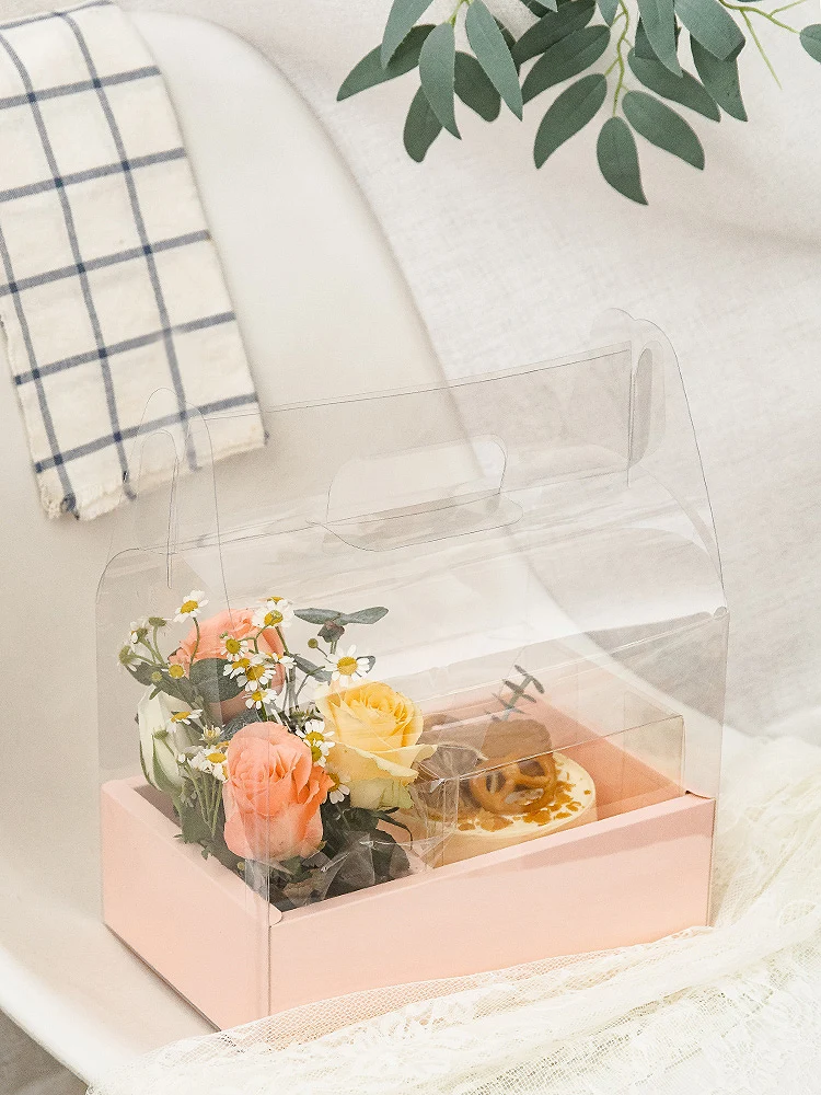 PVC Clear Double Grid Handheld Flower Box Valentine's Day 4 Inches Flower Cake Boxes Festival Baking Packaging Portable Gift Box