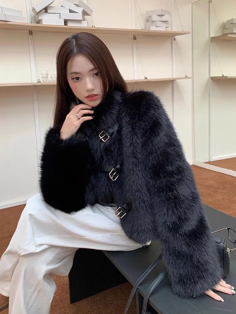 Korean Fashion Black Elegant Belt Button Fall Autumn Winter Warm Furry Coat Imitation Mink Velvet High Street Outwear