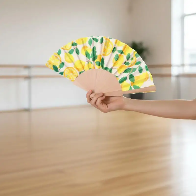 B*Lemon Print Folding Hand Fan Fruit Pattern Bamboo Fabric Handheld Fan For Summer Cooling Dance Performance Wedding Party Decor